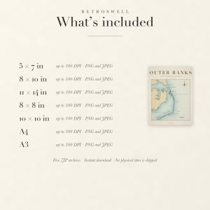 Files included with the Outer Banks Surf Map digital download: print sizes and resolutions.