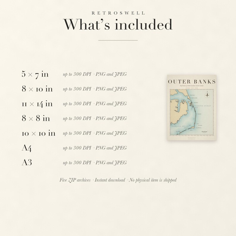 Files included with the Outer Banks Surf Map digital download: print sizes and resolutions.