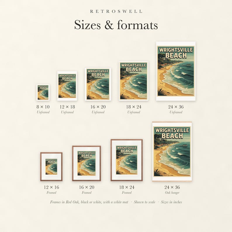 Sizes and formats for Wrightsville Beach Surf, shown to scale: unframed prints from 8 by 10 to 24 by 36 inches, oak hanger and framed prints.