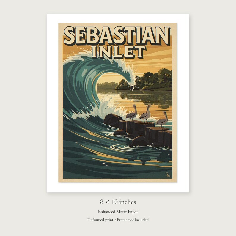Sebastian Inlet Surf unframed 8 by 10 inch print on enhanced matte paper, shown with its white paper border.