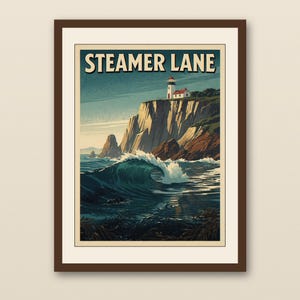 Steamer Lane Santa Cruz Poster | Vintage Surf Travel Poster | Retro Beach Wall Art | Coastal Decor Printable