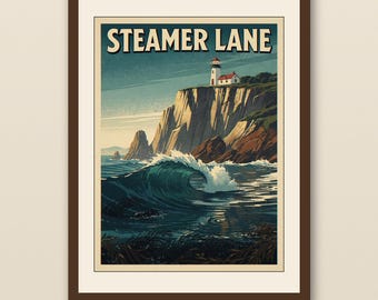 Póster de Steamer Lane Santa Cruz / Póster de viaje de surf vintage / Arte mural playero retro / Decoración costera imprimible