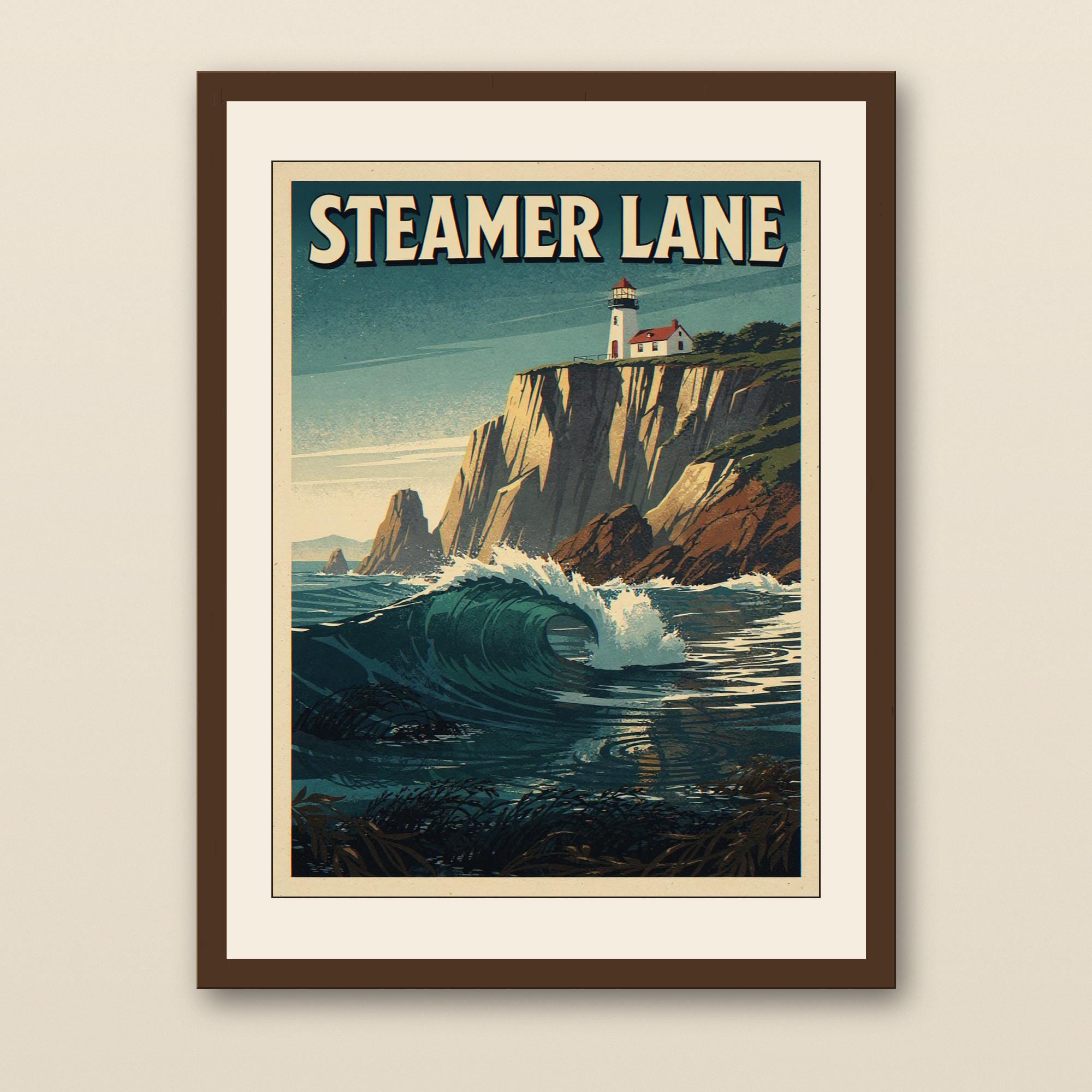 Steamer Lane Santa Cruz Surf Poster - walnut framed art print with cream mat on plaster wall