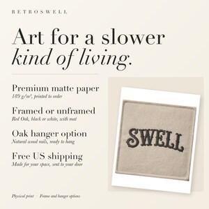 RetroSwell print details for Swell Patch: premium 189 g/m² matte paper, framed or unframed, oak hanger option, free US shipping.