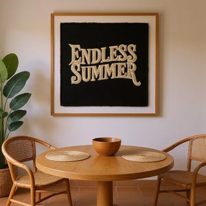 Endless Summer Embroidered Patch Print framed in a coastal dining room setting