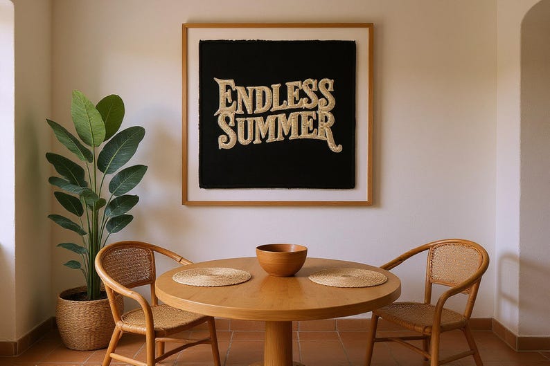 Endless Summer Embroidered Patch Print framed in a coastal dining room setting