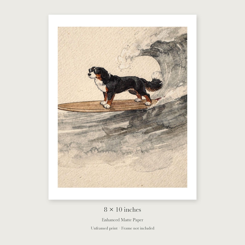 Bernese Mountain Dog Surfing unframed 8 by 10 inch print on enhanced matte paper, shown with its white paper border.