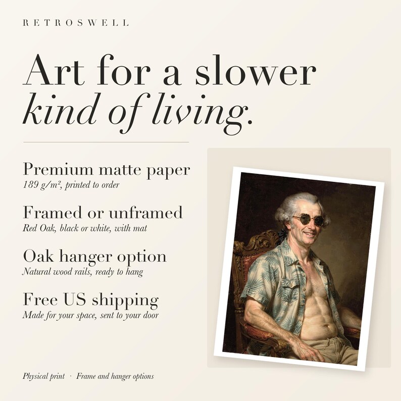 RetroSwell print details for James Madison Surfer: premium 189 g/m² matte paper, framed or unframed, oak hanger option, free US shipping.
