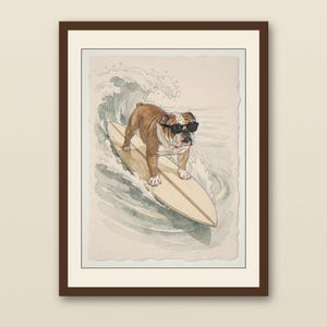 Bulldog Surfing Print | Watercolor Dog Surf Wall Art | Coastal Beach Pet Decor | Dog Lover Gift Printable