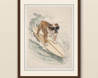 Bulldog Surfing Print | Watercolor Dog Surf Wall Art | Coastal Beach Pet Decor | Dog Lover Gift Printable