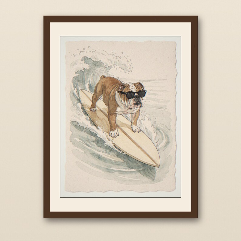 Bulldog Surfing Print - walnut framed art print with cream mat on plaster wall