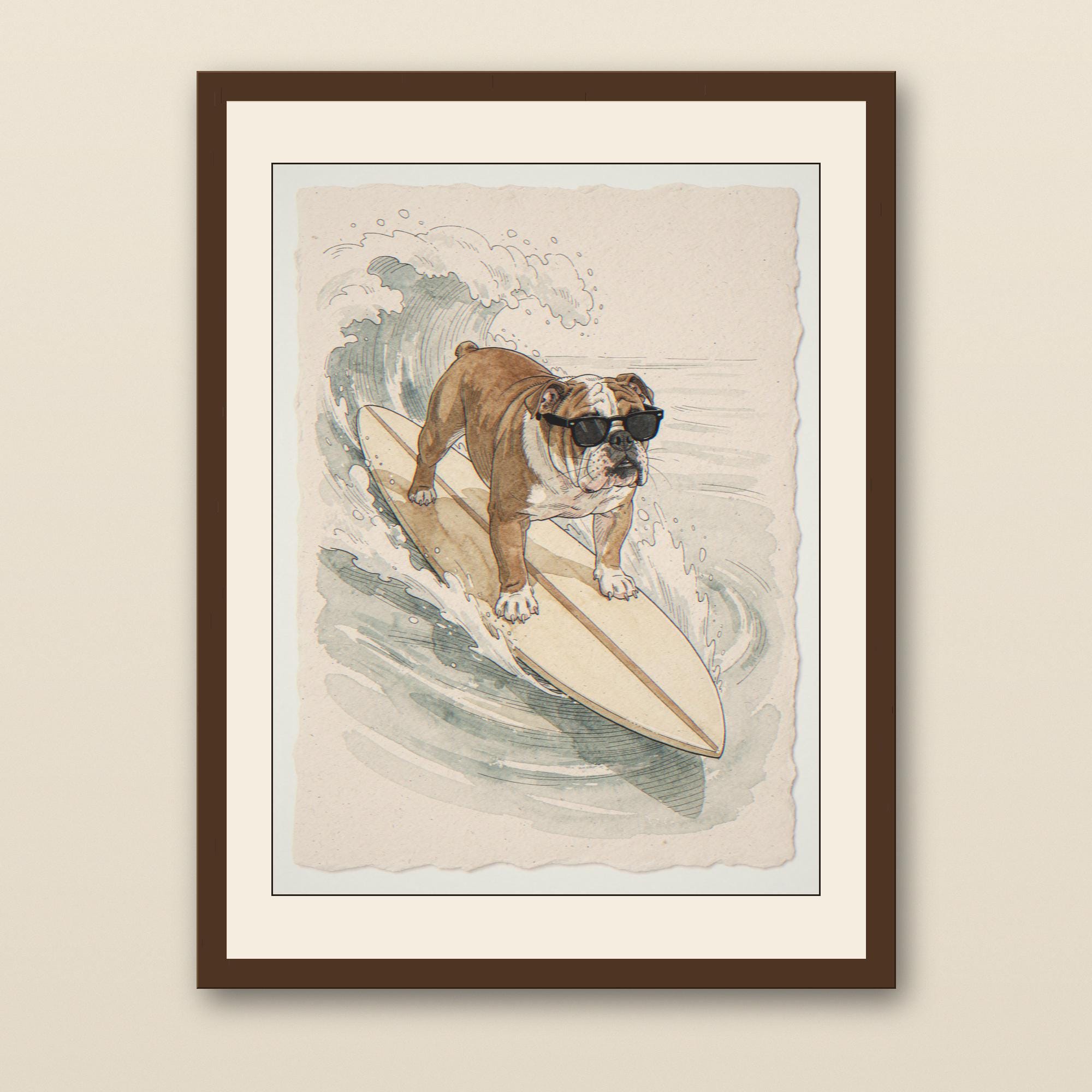 Bulldog Surfing Print - walnut framed art print with cream mat on plaster wall