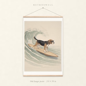 Beagle Surfing oak hanger poster, 24 by 36 inches, with natural wood rails and a hanging cord.