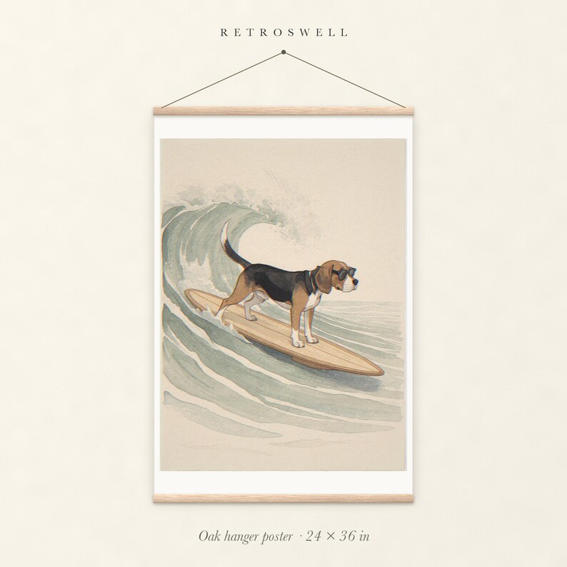 Beagle Surfing oak hanger poster, 24 by 36 inches, with natural wood rails and a hanging cord.