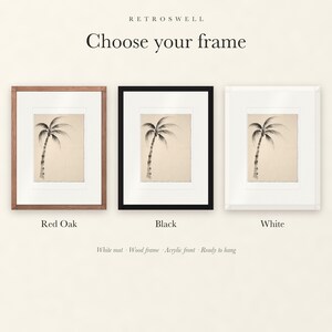Frame options for Lone Palm Tree Ink Style: Red Oak, black and white wood frames, each with a white mat.