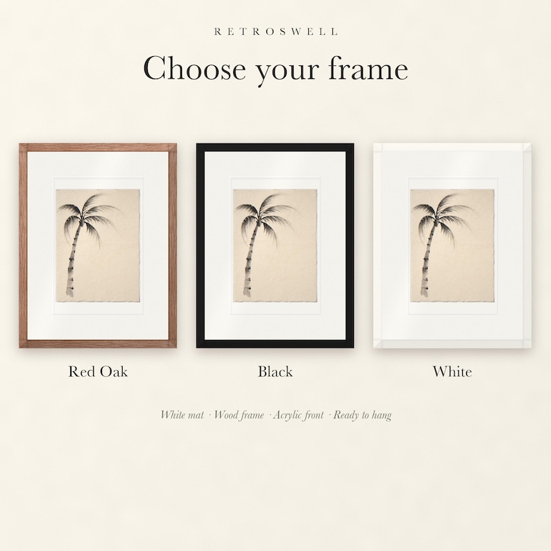 Frame options for Lone Palm Tree Ink Style: Red Oak, black and white wood frames, each with a white mat.