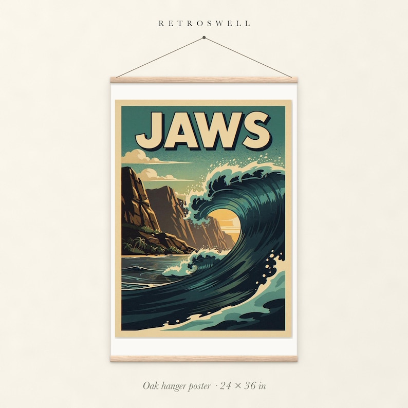 Jaws Maui Surf oak hanger poster, 24 by 36 inches, with natural wood rails and a hanging cord.