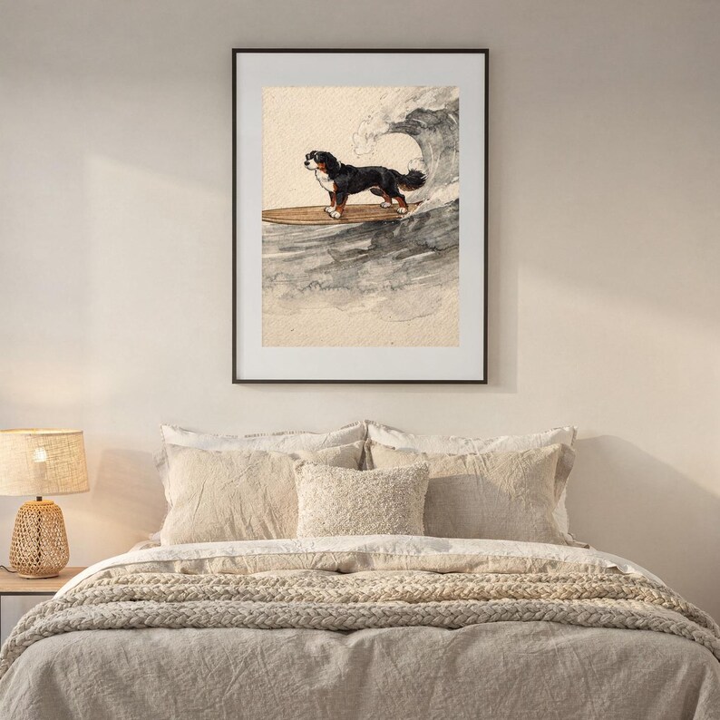 Bernese Mountain Dog Surfing Print | Watercolor Dog Wall Art | Coastal Beach Decor | Printable Download | Berner Gift image 6