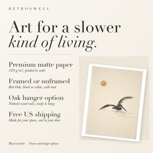 RetroSwell print details for Flying Pelican Ink Style: premium 189 g/m² matte paper, framed or unframed, oak hanger option, free US shipping.