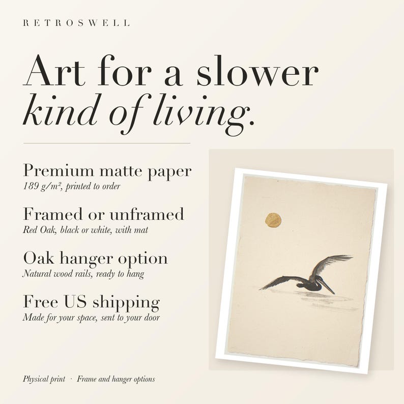 RetroSwell print details for Flying Pelican Ink Style: premium 189 g/m² matte paper, framed or unframed, oak hanger option, free US shipping.