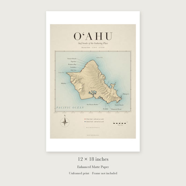 Oʻahu Surf Map unframed 12 by 18 inch print on enhanced matte paper, shown with its white paper border.