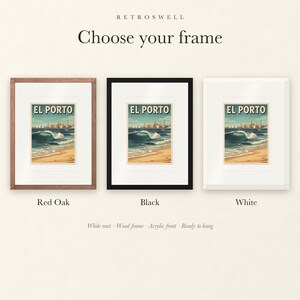 Frame options for El Porto Manhattan Beach Surf: Red Oak, black and white wood frames, each with a white mat.