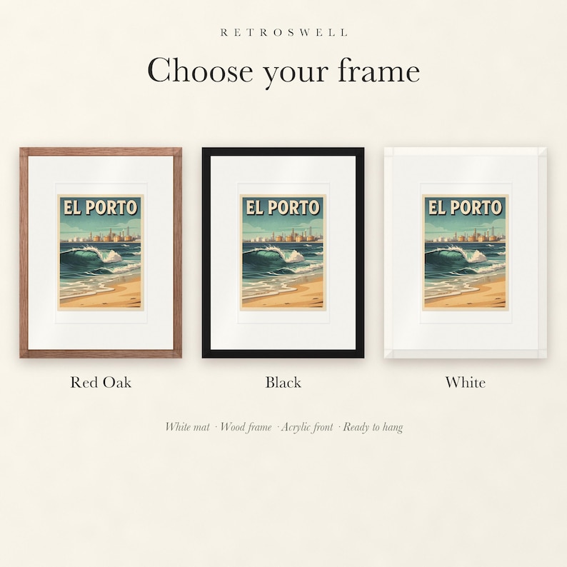 Frame options for El Porto Manhattan Beach Surf: Red Oak, black and white wood frames, each with a white mat.