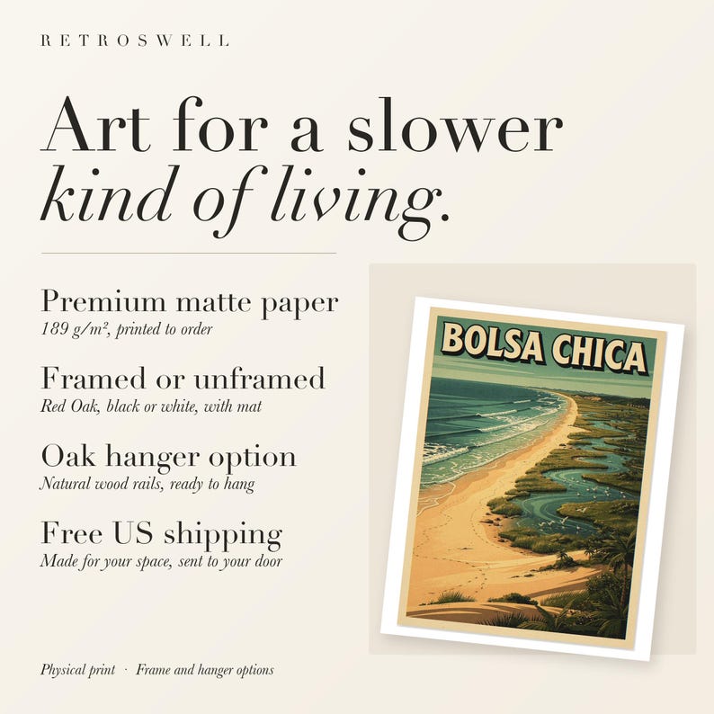 RetroSwell print details for Bolsa Chica Surf: premium 189 g/m² matte paper, framed or unframed, oak hanger option, free US shipping.