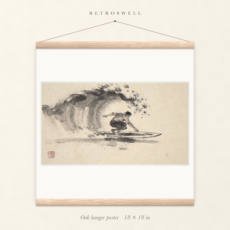Surfer Cutback Xieyi Ink oak hanger poster, 18 by 18 inches, the painting centred on the paper with natural wood rails and a hanging cord.