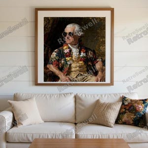 John Adams Surf Art Print framed in a beach-style living room setting