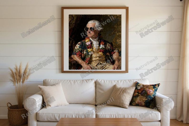 John Adams Surf Art Print framed in a beach-style living room setting