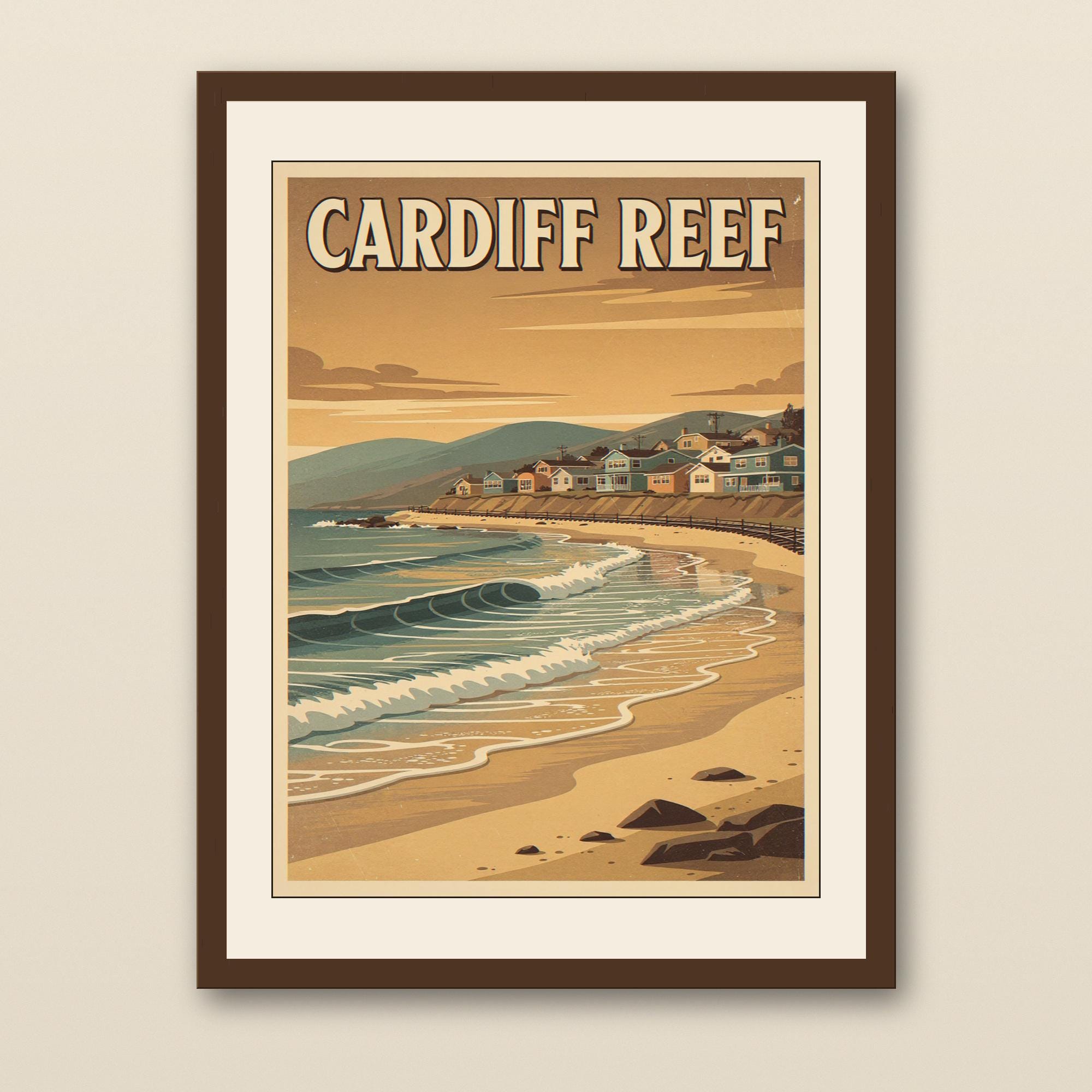 Cardiff Reef Surf Poster - walnut framed art print with cream mat on plaster wall