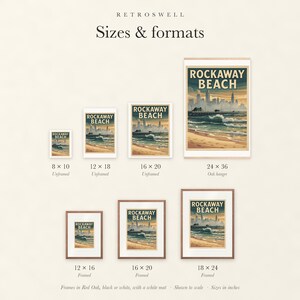 Sizes and formats for Rockaway Beach Surf, shown to scale: unframed prints, oak hanger and framed prints.