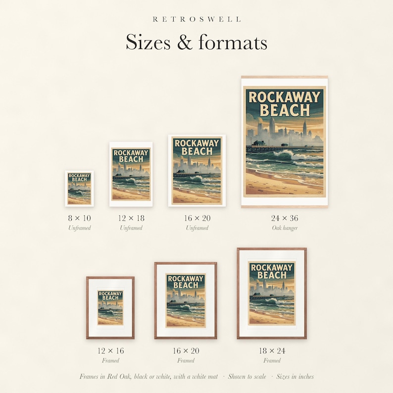 Sizes and formats for Rockaway Beach Surf, shown to scale: unframed prints, oak hanger and framed prints.