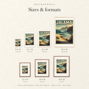 Sizes and formats for Jalama Beach Surf, shown to scale: unframed prints, oak hanger and framed prints.