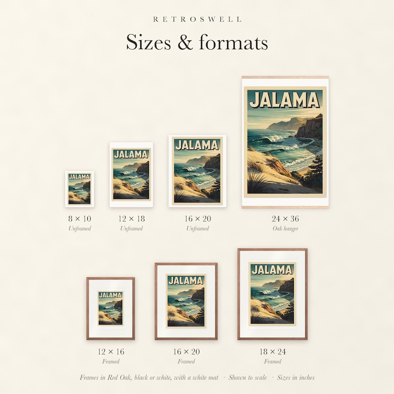 Sizes and formats for Jalama Beach Surf, shown to scale: unframed prints, oak hanger and framed prints.