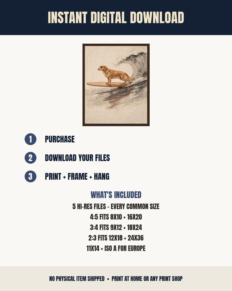 Golden Retriever Surfing Print | Dog Surf Wall Art | Fine Art Coastal Decor | Dog Lover Gift | Printable Wall Art Digital Download image 5
