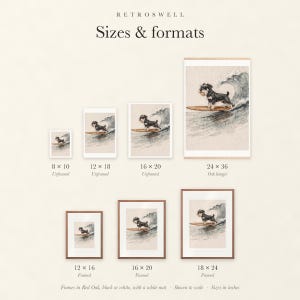 Sizes and formats for Miniature Schnauzer Surfing, shown to scale: unframed prints, oak hanger and framed prints.