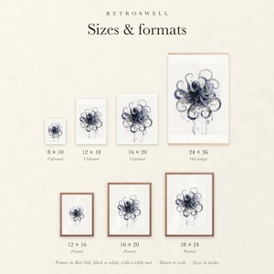 Sizes and formats for Octopus, shown to scale: unframed prints, oak hanger and framed prints.