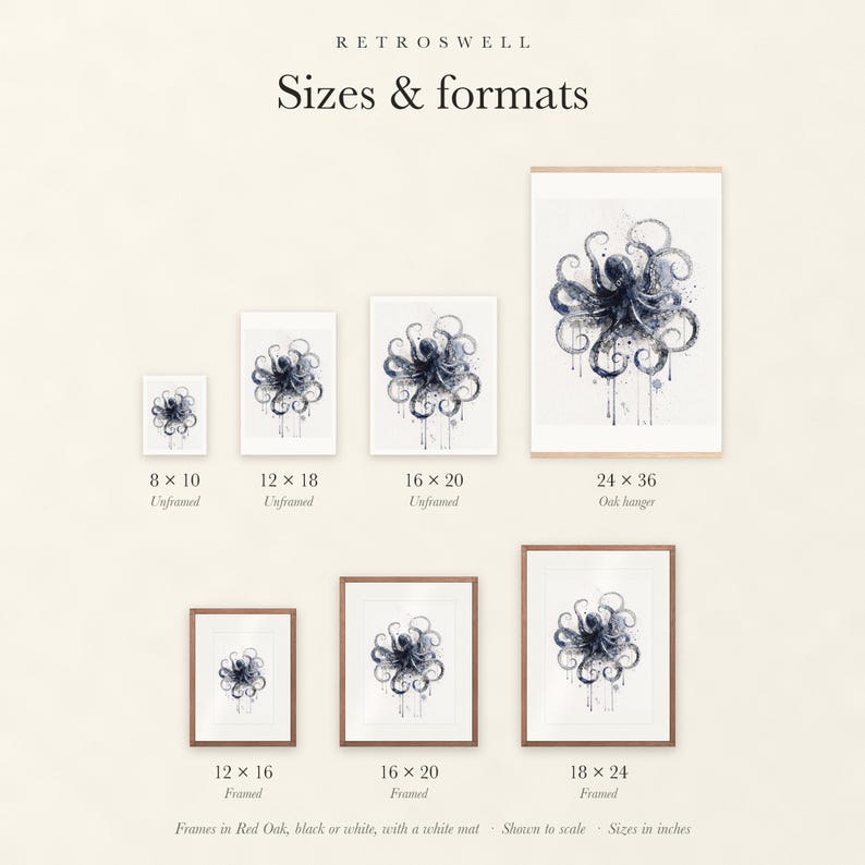 Sizes and formats for Octopus, shown to scale: unframed prints, oak hanger and framed prints.