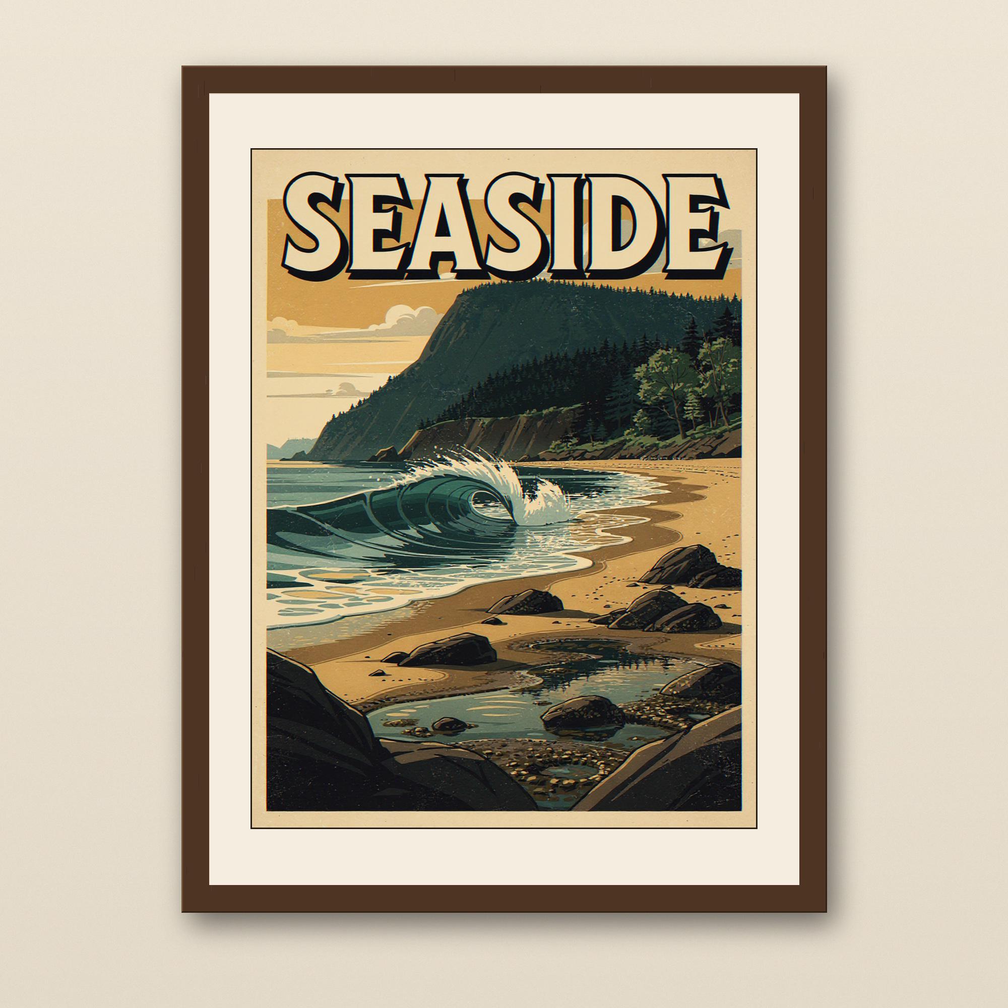 Seaside Surf Poster - walnut framed art print with cream mat on plaster wall