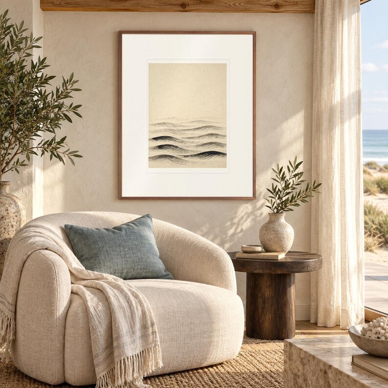 Layered Waves Ink Style print in a Red Oak frame with a white mat in a light-filled coastal sitting room.