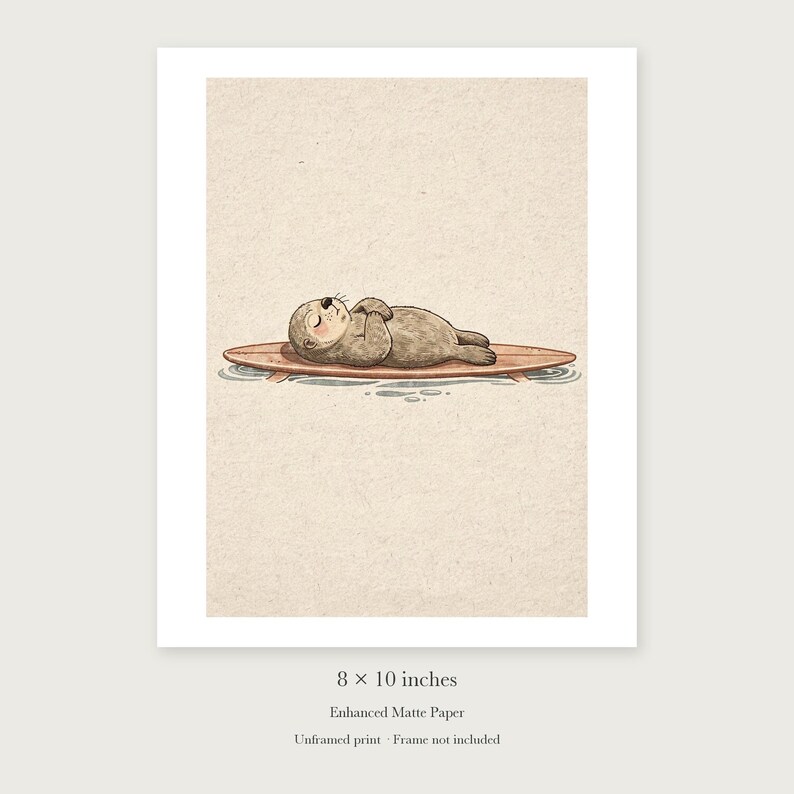 Sea Otter on Surfboard unframed 8 by 10 inch print on enhanced matte paper, shown with its white paper border.