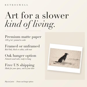 RetroSwell print details for Dog Gazing at the Sea Xieyi Ink: premium 189 g/m² matte paper, framed or unframed, oak hanger option, free US shipping.