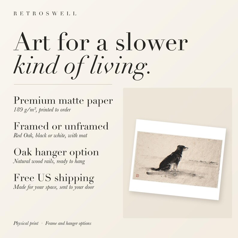 RetroSwell print details for Dog Gazing at the Sea Xieyi Ink: premium 189 g/m² matte paper, framed or unframed, oak hanger option, free US shipping.