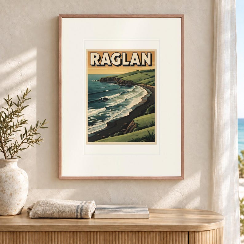 Raglan New Zealand Surf Travel Poster, Framed or Unframed Vintage Style Coastal Print image 12