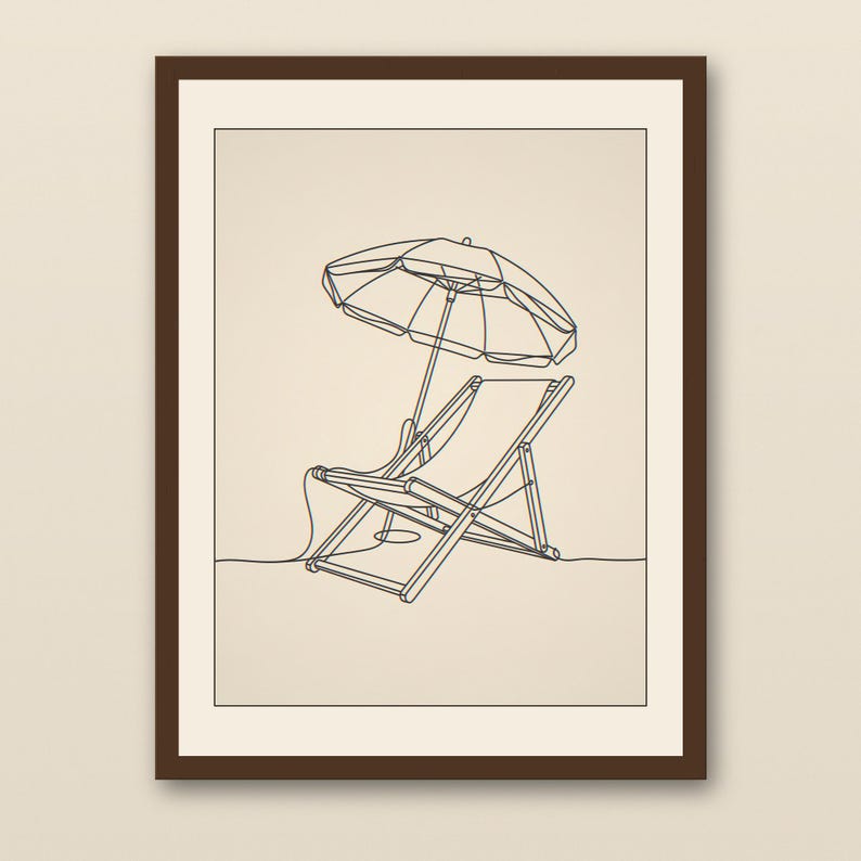 Boho Beach Chair and Umbrella Line Art - walnut framed art print with cream mat on plaster wall