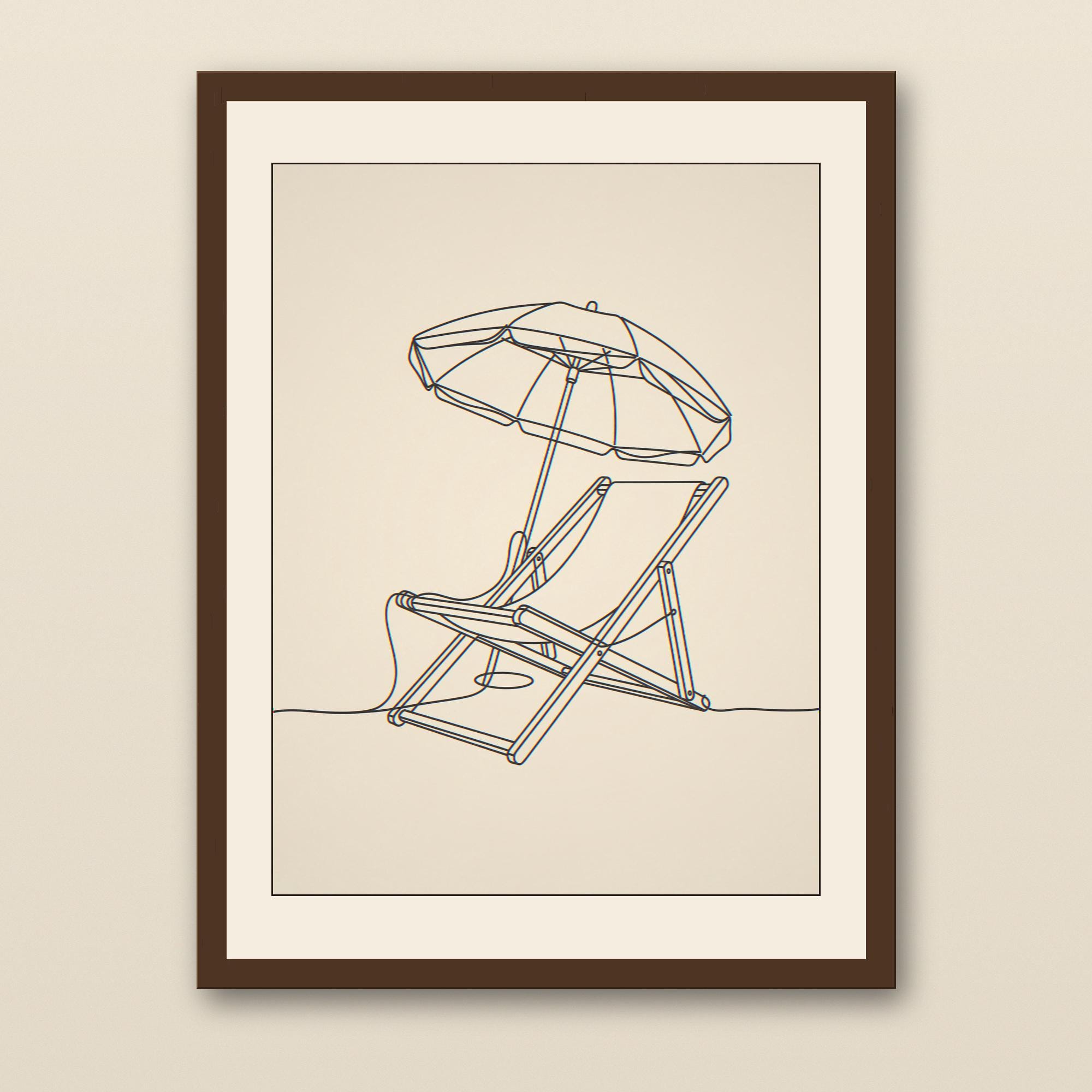Boho Beach Chair and Umbrella Line Art - walnut framed art print with cream mat on plaster wall