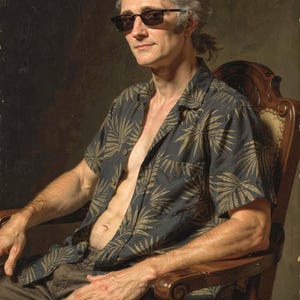 Alexander Hamilton surfer portrait, full artwork: classical oil-painting style, sunglasses and a Hawaiian shirt.