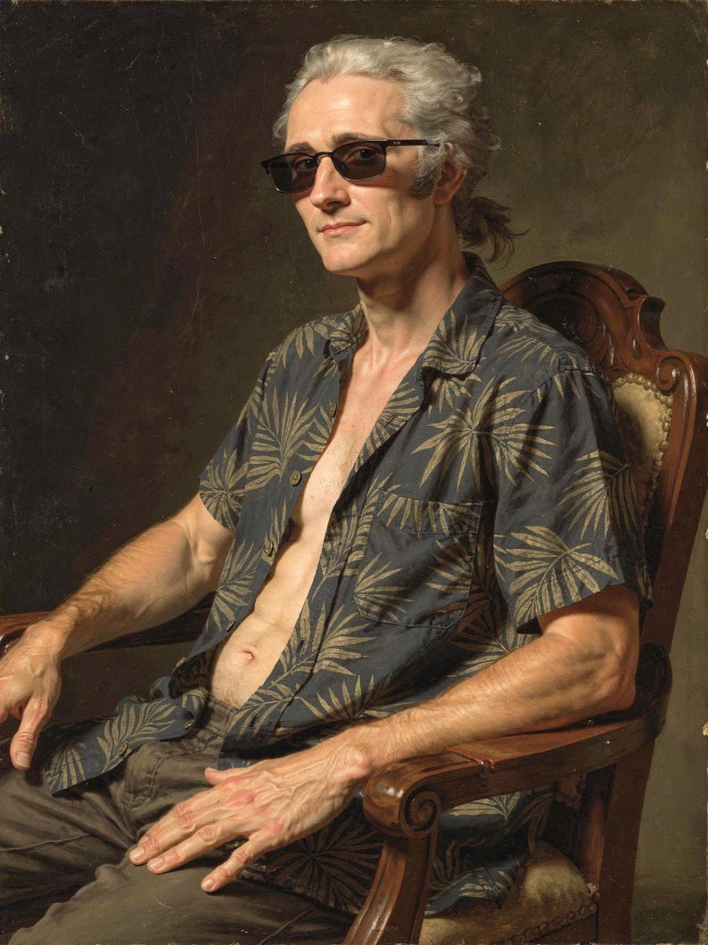 Alexander Hamilton surfer portrait, full artwork: classical oil-painting style, sunglasses and a Hawaiian shirt.